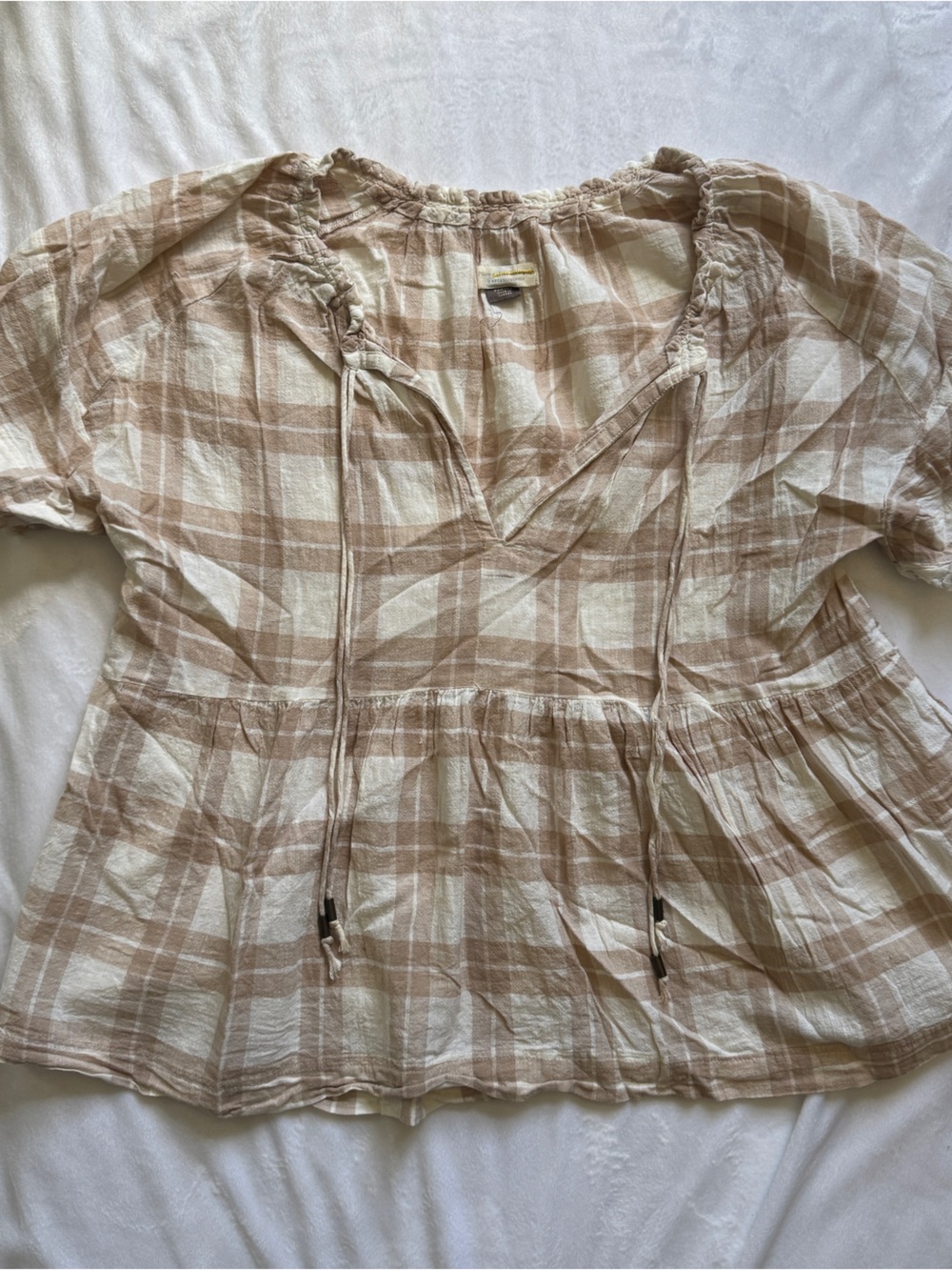 Anthropologie Beige and White Plaid Peasant Blouse